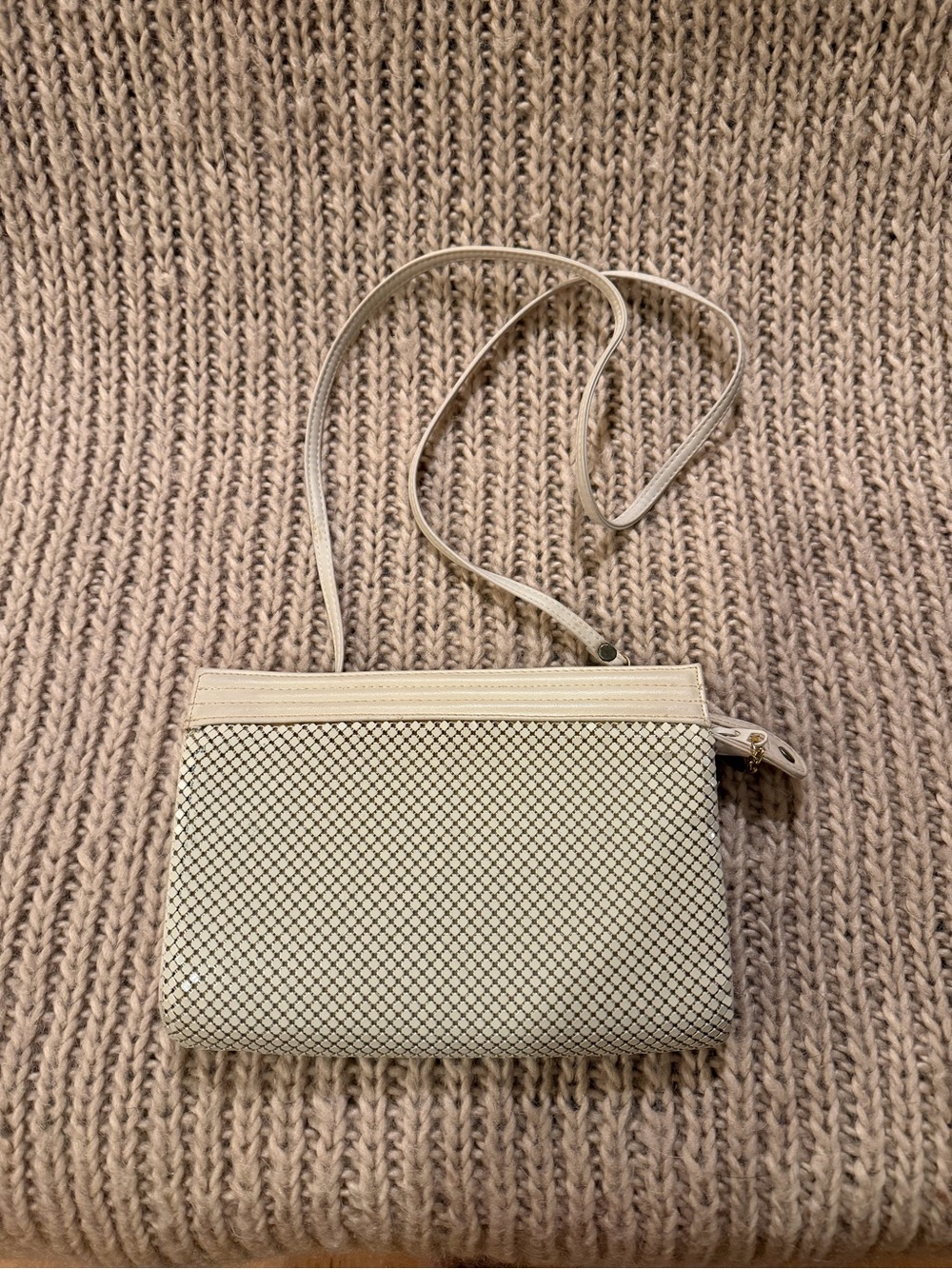 Minimalist Whiting and Davis Cream Crossbody Bag with Subtle Diamond Mesh